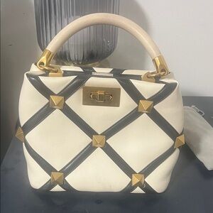 Valentino Garavani Black and Cream Satchel with Gold Studs